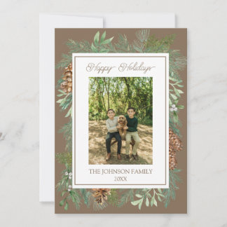 Tarjeta Festiva Navidades Watercolor Greenery Taupe Botánico