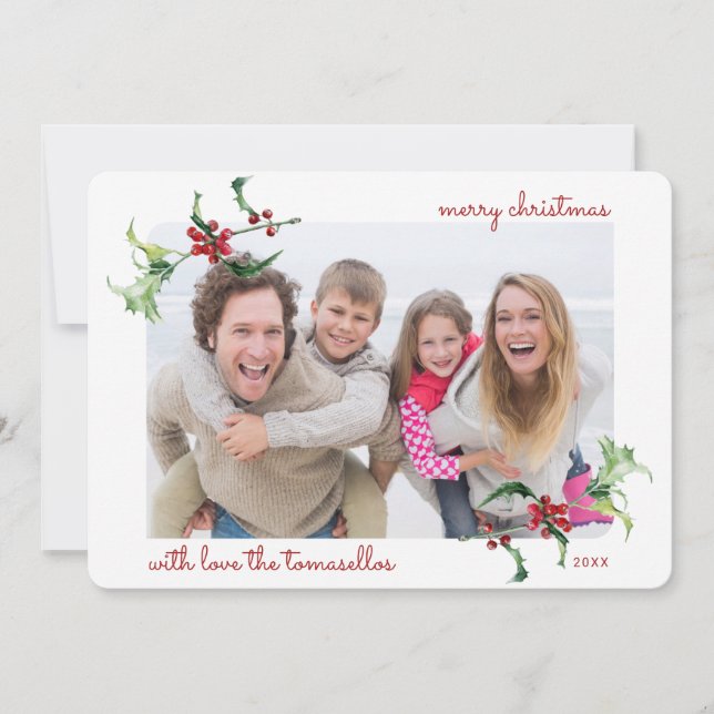 Tarjeta Festiva Navidades Watercolor Holly Berries Script Photo (Anverso)