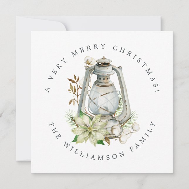 Tarjeta Festiva Navidades Watercolor Lantern White Poinsetta (Anverso)