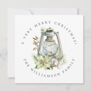Tarjeta Festiva Navidades Watercolor Lantern White Poinsetta