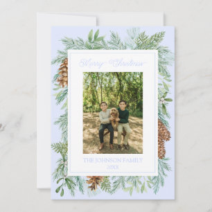 Tarjeta Festiva Navidades Watercolor Verdor Botánico Azul Pálido