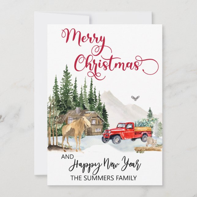 Tarjeta Festiva Navidades Watercolor Winter Truck Moose Woods (Anverso)