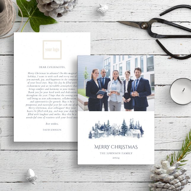 Tarjeta Festiva Navidades Winter Village Blue Logo Photo Business (Subido por el creador)