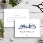 Tarjeta Festiva Navidades Winter Village Blue Non Photo Business<br><div class="desc">Navidades del paisaje del pueblo de invierno logotipo blanco azul tarjeta de vacaciones no foto de negocios. La tarjeta de bienvenida de vacaciones de negocios en un estilo clásico con un paisaje monocromo de invierno en tonos azul marino y blanco. Diseño elegante y elegante. Por el contrario, felicitamos a colegas...</div>