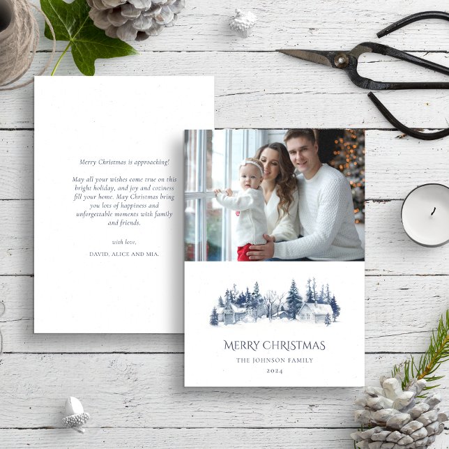 Tarjeta Festiva Navidades Winter Village Landscape Blue Photo (Subido por el creador)