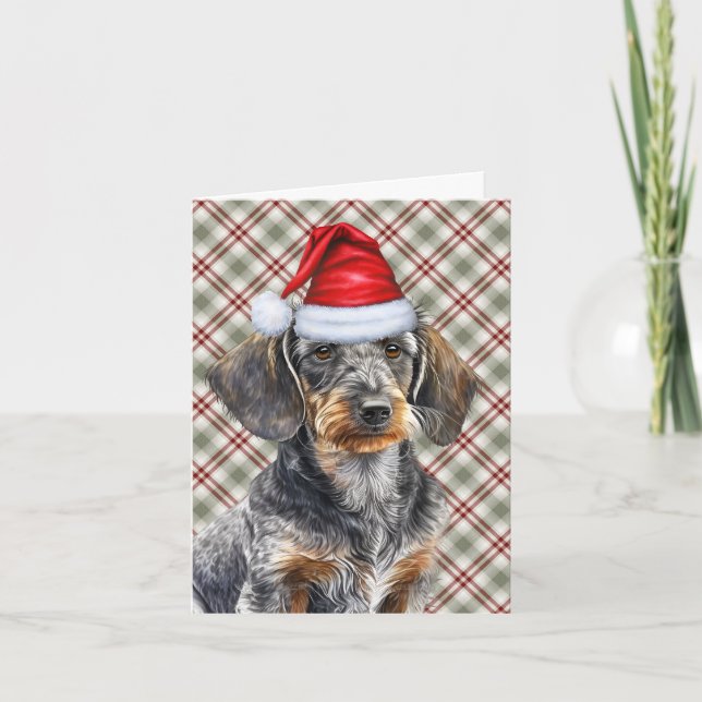Tarjeta Festiva Navidades Wirehair Dachshund y Holiday Plaid (Anverso)