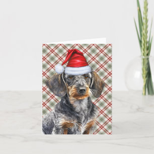 Tarjeta Festiva Navidades Wirehair Dachshund y Holiday Plaid