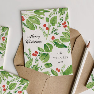Tarjeta Festiva Navidades Wispy Holly Green y Red Watercolor