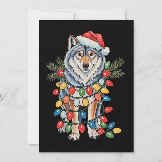 Tarjeta Festiva Navidades Wolf Santa Hat Xmas alude a amantes de l (Anverso)