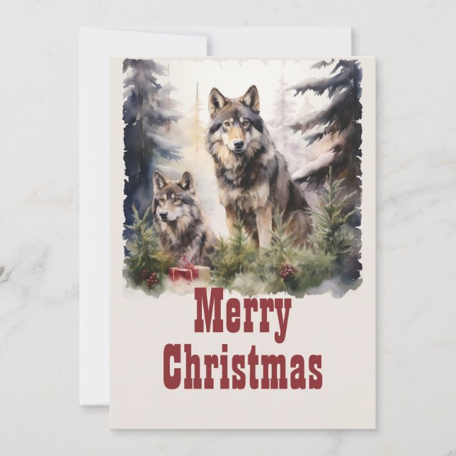 Tarjeta Festiva Navidades Wolf Watercolor (Anverso)