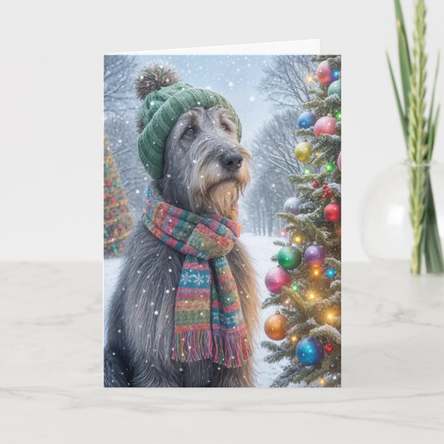 Tarjeta Festiva Navidades Wolfhound Irlandés Con Árbol (Anverso)