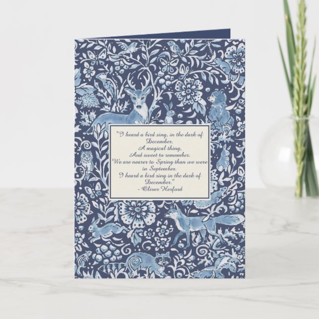 Tarjeta Festiva Navidades Woodland Animals Blue Winter Poem Person (Anverso)