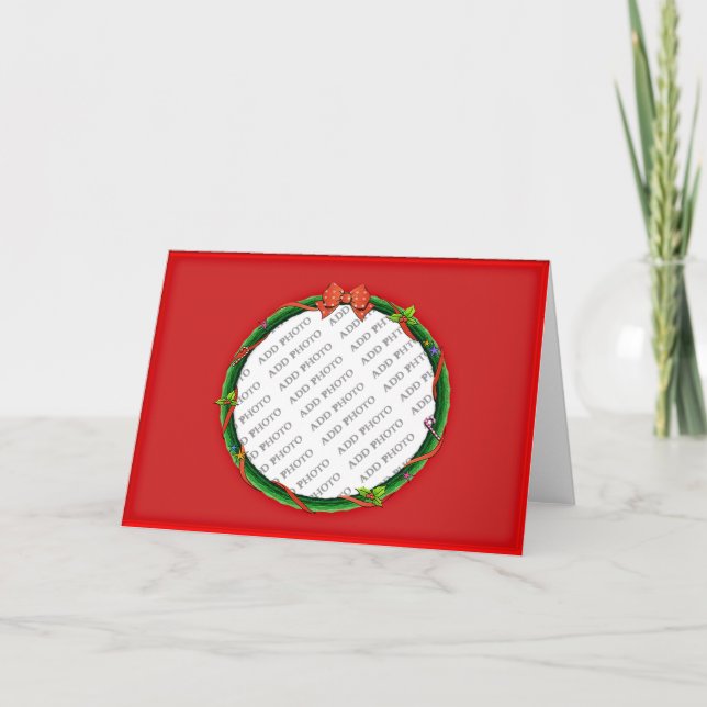 Tarjeta Festiva Navidades Wreath agrega tu foto y fondo rojo (Anverso)
