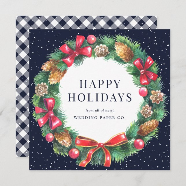 Tarjeta Festiva Navidades Wreath Blue Plaid Corporate Business (Anverso / Reverso)