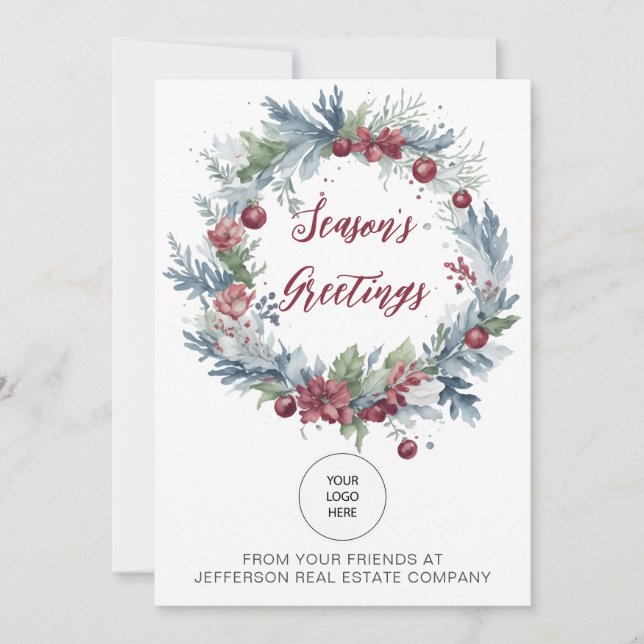 Tarjeta Festiva Navidades Wreath Company Logo Business (Anverso)