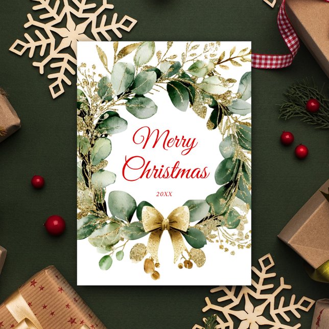 Tarjeta Festiva Navidades Wreath Eucalyptus Greenery Elegante (Christmas Wreath Eucalyptus Greenery Elegant Holiday Card)