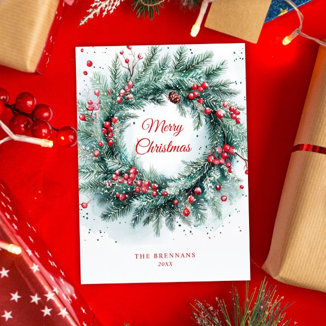 Tarjeta Festiva Navidades Wreath Greenery Botanical Elegant (Christmas Wreath Greenery Botanical Elegant Holiday Card)