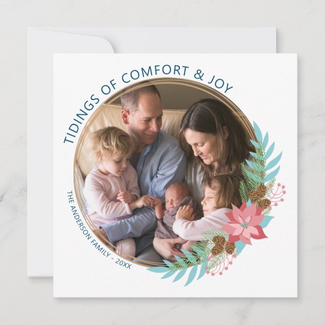 Tarjeta Festiva Navidades Wreath Poinsettia | Navidades fotográfic (Anverso)