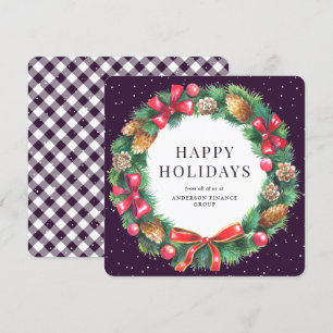 Tarjeta Festiva Navidades Wreath Purple Plaid Corporate Business