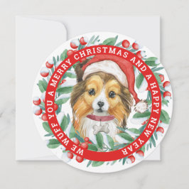Tarjeta Festiva Navidades Wreath Sheltie Pegatina redondo clásico