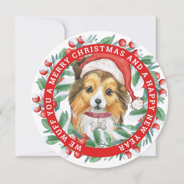 Tarjeta Festiva Navidades Wreath Sheltie Pegatina redondo clásico (Anverso)