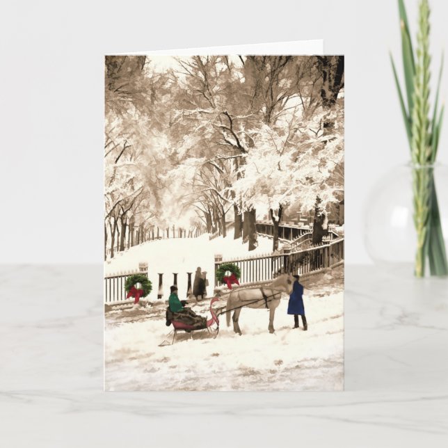 Tarjeta Festiva Navidades y nieve en Boston Commons en la década d (Anverso)