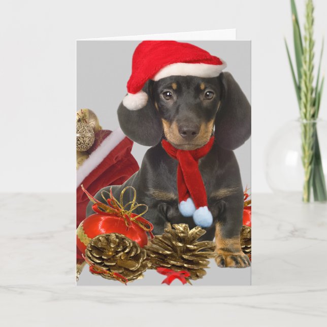 Tarjeta Festiva Navidades y ornamentos de Dachshund (Anverso)