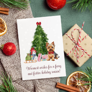 Tarjeta Festiva Navidades Yorkie terrier desean saludos de vacacio