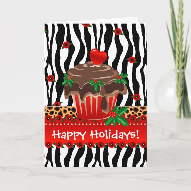 Tarjeta Festiva Navidades Zebra Cupcake Leopard Heart (Anverso)