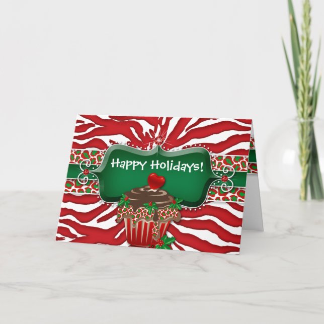 Tarjeta Festiva Navidades Zebra Leopard Heart Cupcake Ruby (Anverso)