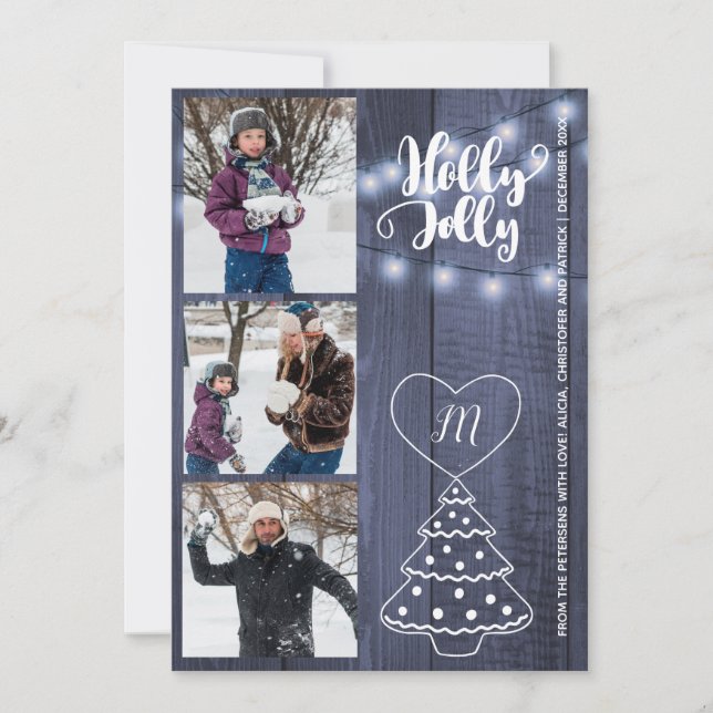 Tarjeta Festiva Navideña rústica Holly Jolly collage de 3 fotos en (Anverso)