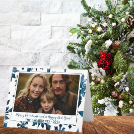 Tarjeta Festiva Navideño Chic Copo de Nieve Azul Fiesta Foto Dobla