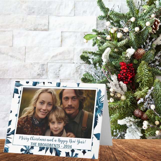 Tarjeta Festiva Navideño Chic Copo de Nieve Azul Foto de Vacacione (Folded Vintage Blue Snowflake Christmas Photo  Card)