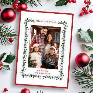 Tarjeta Festiva Navideño Festivo Rojo/Verde Botánico Una-Foto