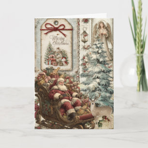 Tarjeta Festiva Navideño Floral Santa Vintage Inspirado Festivo