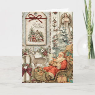 Tarjeta Festiva Navideño Floral Santa Vintage Inspirado Festivo