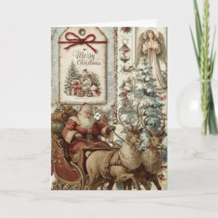 Tarjeta Festiva Navideño Floral Santa Vintage Inspirado Festivo