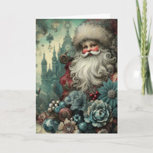 Tarjeta Festiva Navideño Santa Floral Inspirado en Vintage Festivo