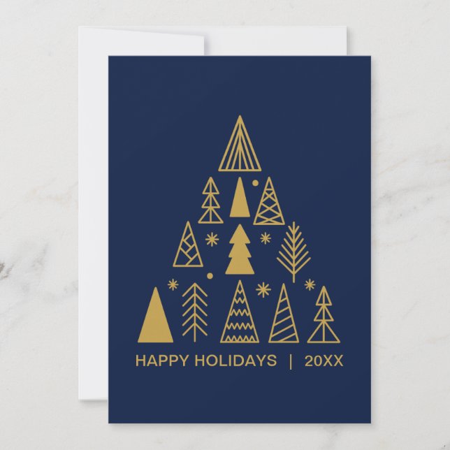Tarjeta Festiva Navy Blue and Gold Christmas Tree | Holiday Card  (Anverso)