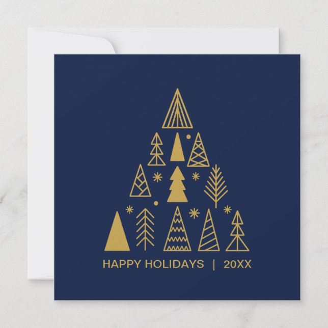 Tarjeta Festiva Navy Blue and Gold Christmas Tree | Holiday Square (Anverso)