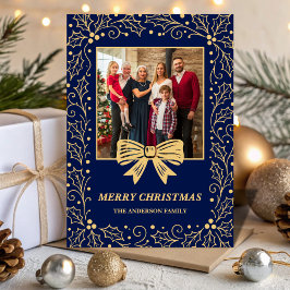 Tarjeta Festiva Navy Blue Antique Gold Bow Family Christmas Photo