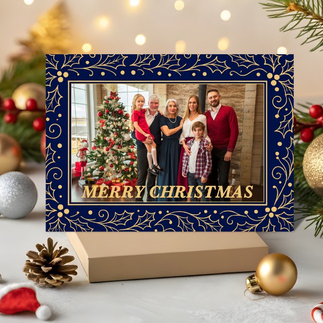 Tarjeta Festiva Navy Blue & Antique-Gold Family Christmas Photo (Subido por el creador)