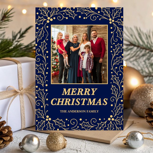 Tarjeta Festiva Navy Blue & Antique-Gold Family Photo Christmas (Subido por el creador)