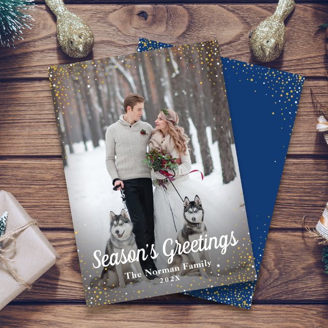 Tarjeta Festiva Navy Blue Gold Glitter Season’s Greetings Photo (Subido por el creador)