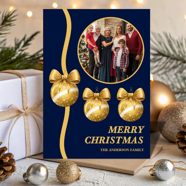 Tarjeta Festiva Navy Blue & Gold Ornaments Family Christmas Photo (Subido por el creador)