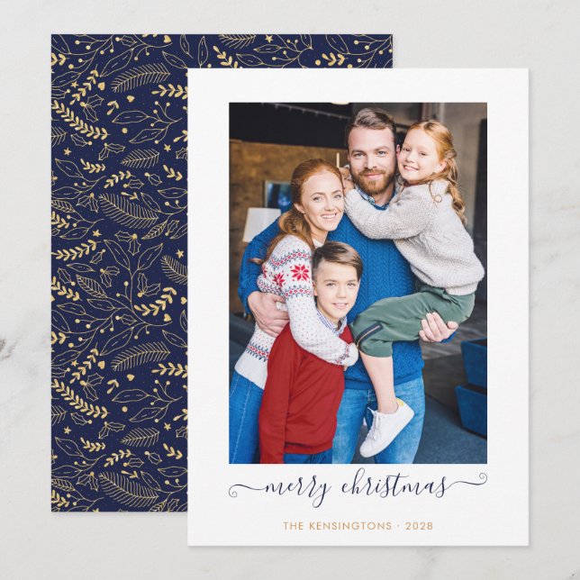 Tarjeta Festiva Navy Blue Gold Simple Script Merry Christmas Photo (Anverso / Reverso)