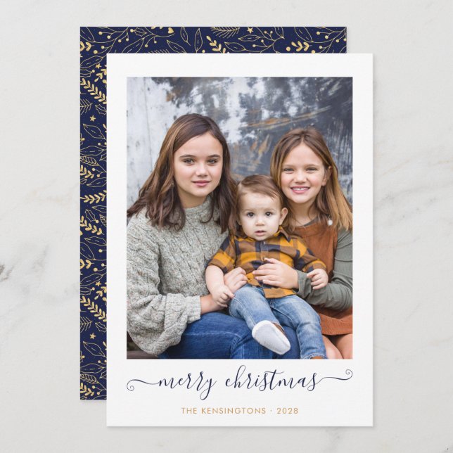 Tarjeta Festiva Navy Blue Gold Simple Script Merry Christmas Photo (Anverso / Reverso)