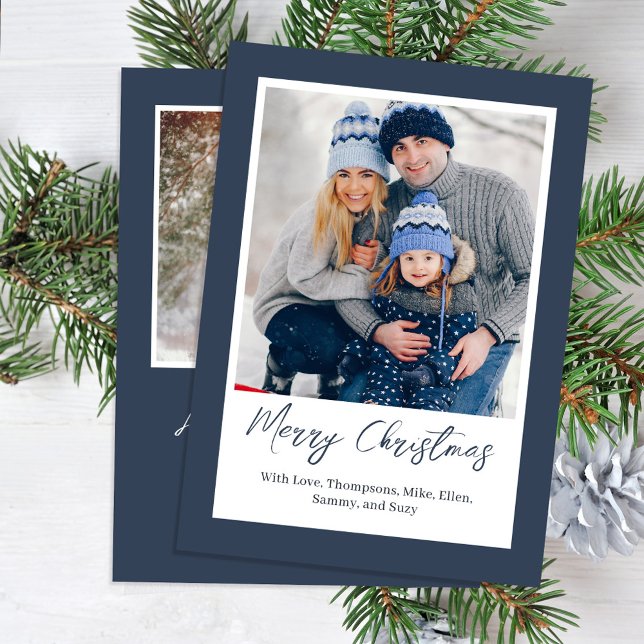 Tarjeta Festiva Navy Blue Merry Christmas Simple Photo (Merry Christmas Photo Calligraphy Script Card.)