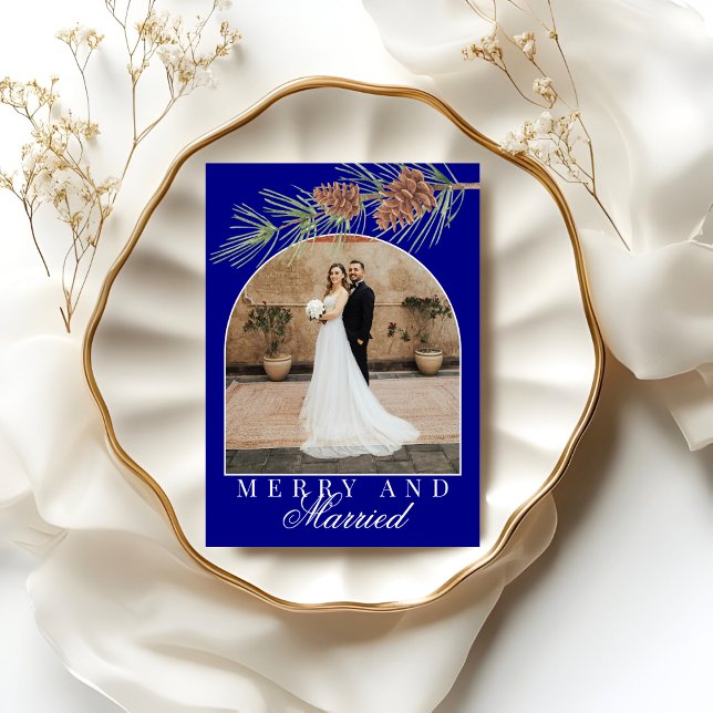 Tarjeta Festiva Navy Blue Pine Merry & Married Photo Christmas (Subido por el creador)