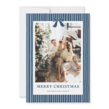 Navy Blue Stripe Bow Christmas Photo Holiday Card